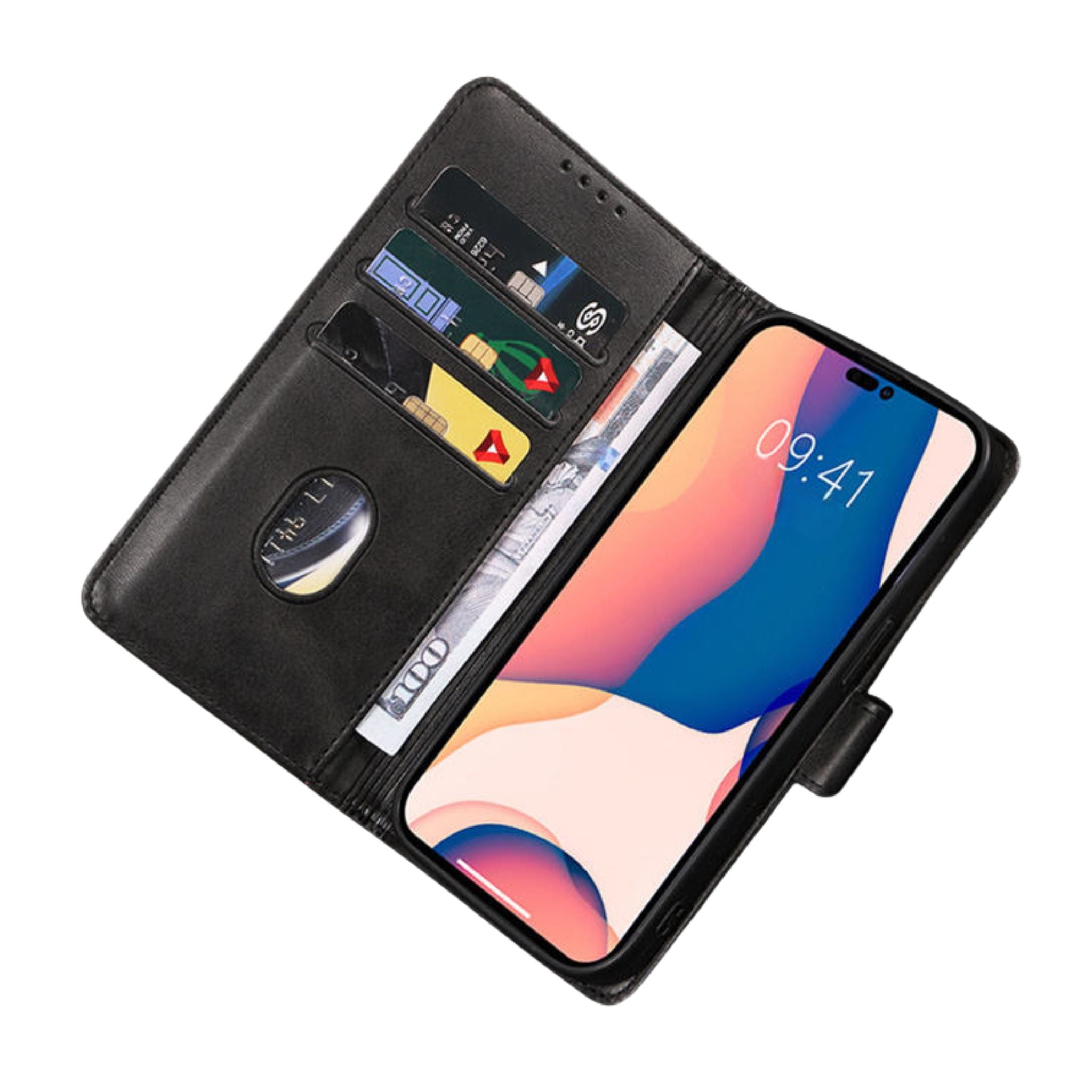 PU-læder flip-cover til iPhone 15 med kortholder og magnetisk standerfunktion til beskyttelse og håndfri brug