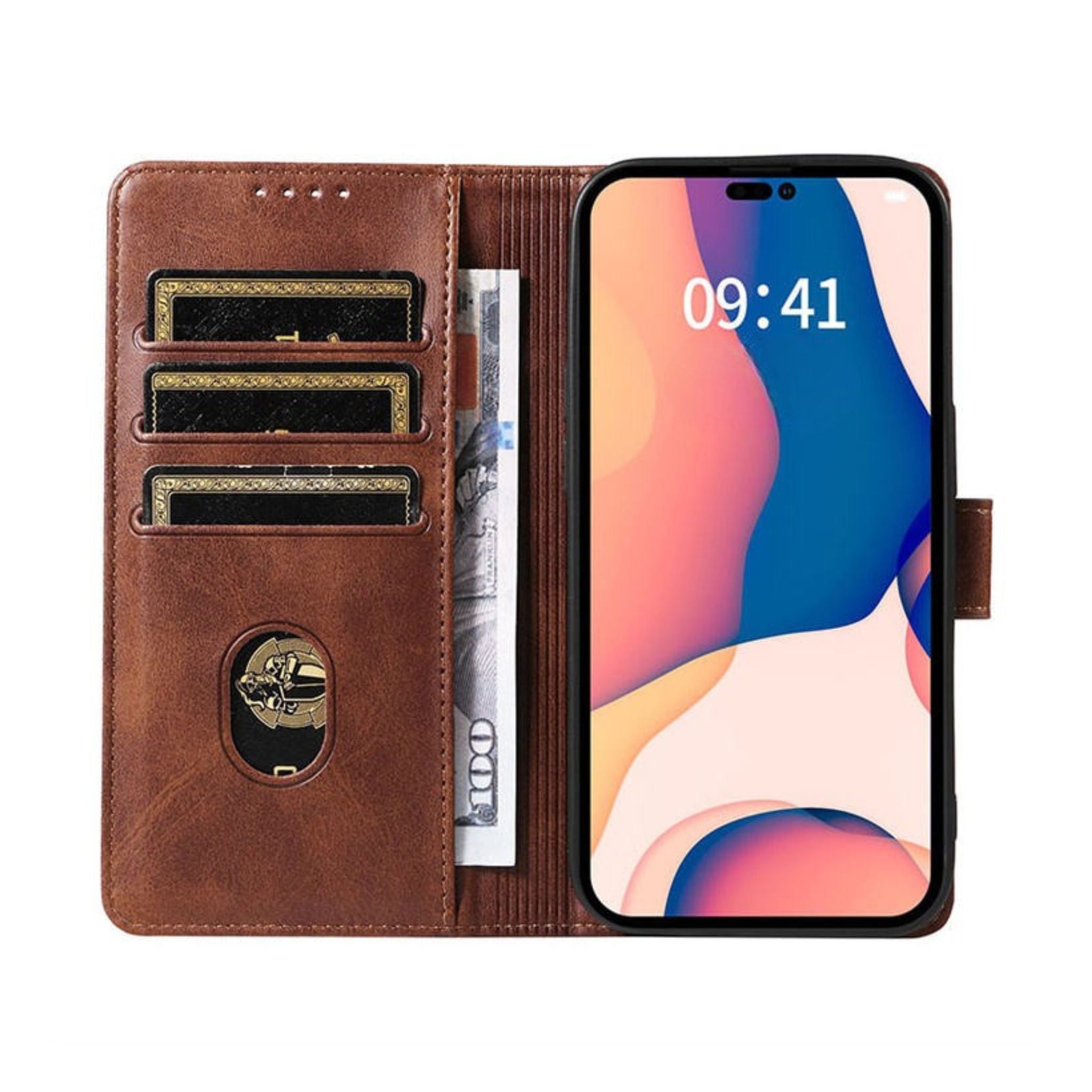 PU-læder flip-cover til iPhone 15 med kortholder og magnetisk standerfunktion til beskyttelse og håndfri brug