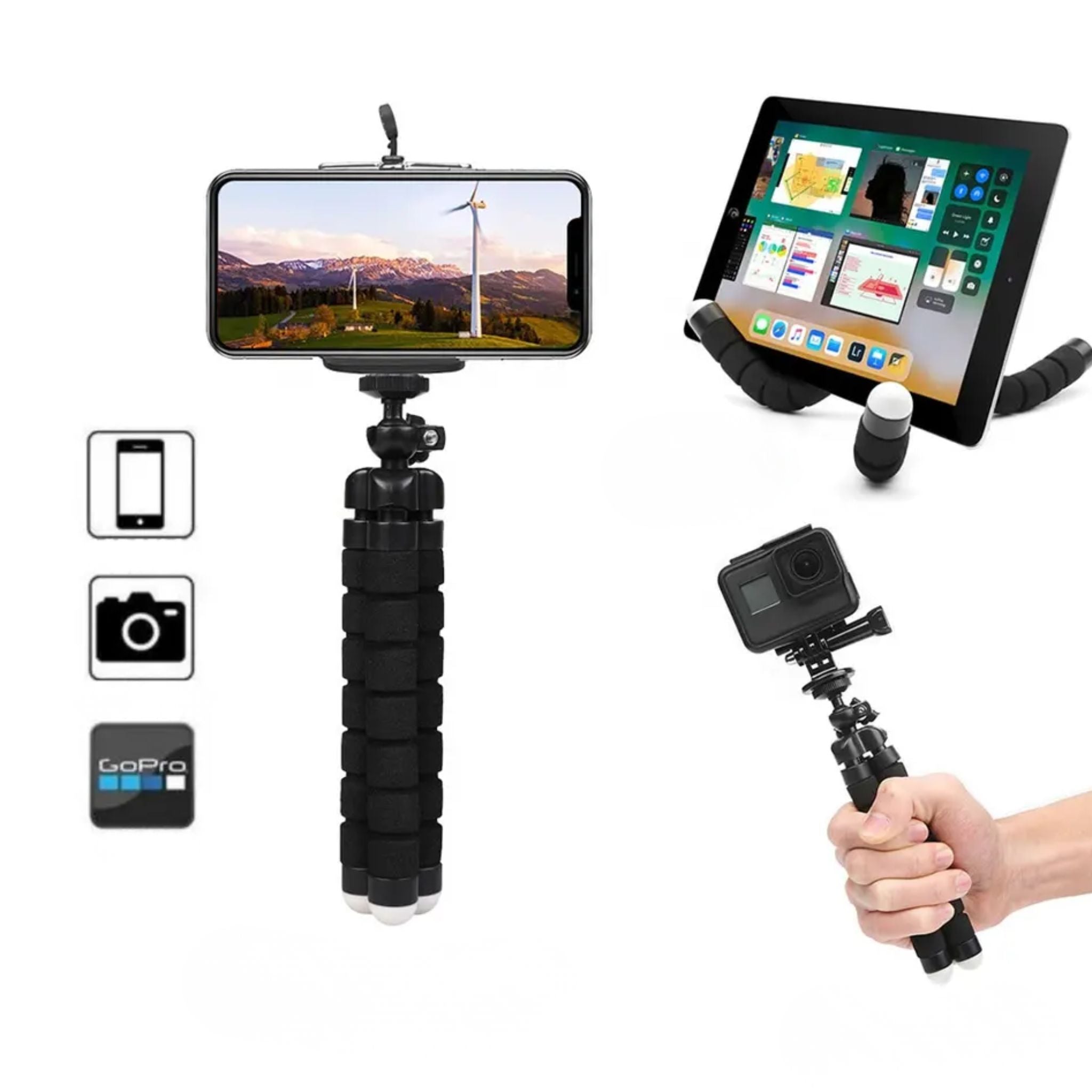 Fleksibelt mini octopus tripod til mobil og kamera i ABS materiale med twist lock, kompakt 18.5 cm stativ til bord og rejsebrug